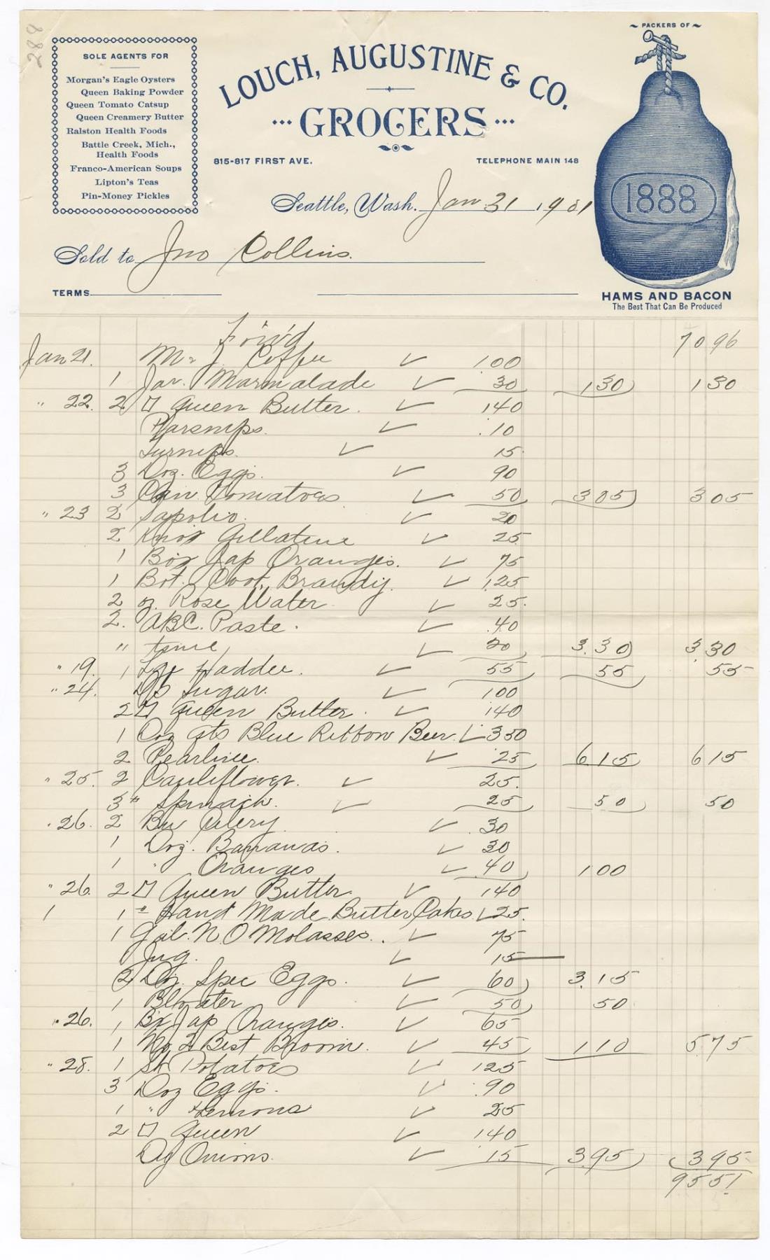 Image of Louch, Augustine & Co. grocery bill, January 31, 1901