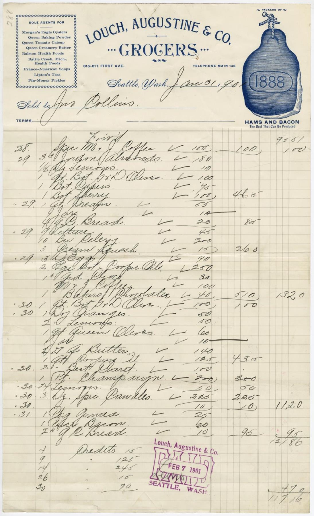 Image of Louch, Augustine & Co. grocery bill, January 31, 1901