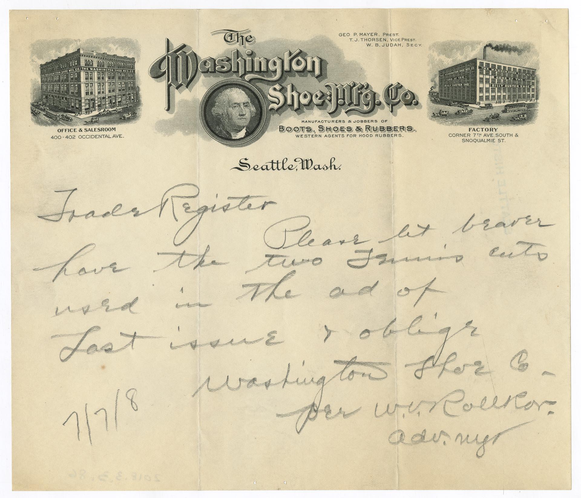Image of Washington Shoe Mfg. Co. letter, July 7, 1908