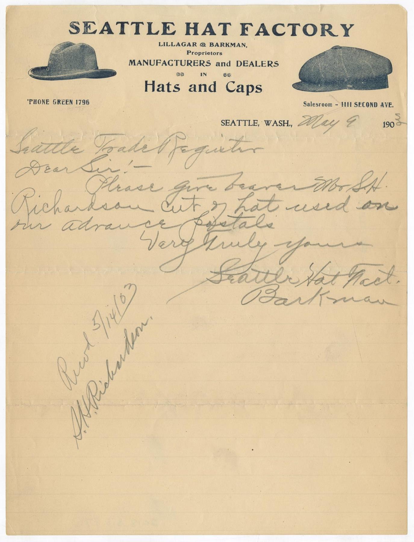 Image of Seattle Hat Factory letter, May 9, 1903
