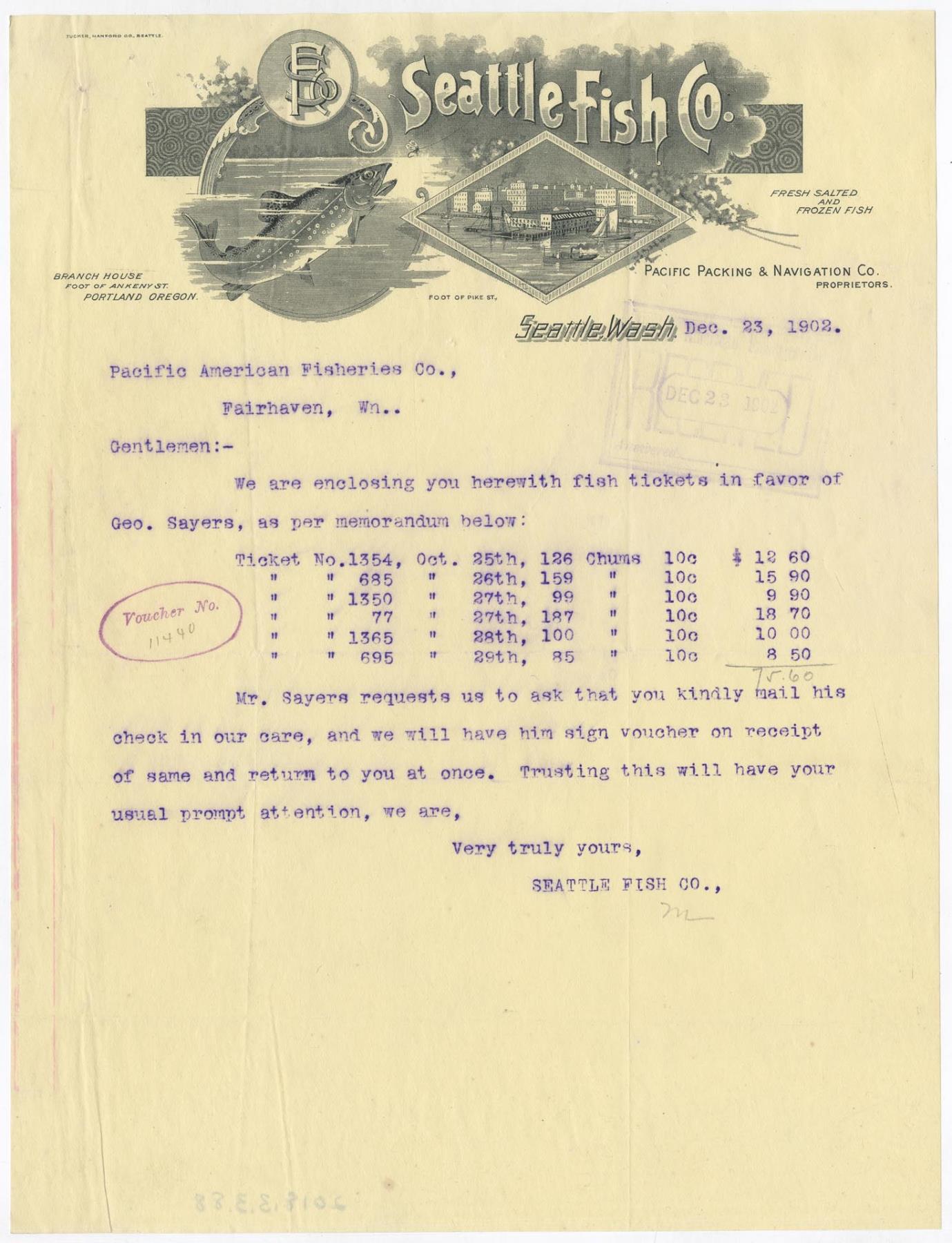 Image of Seattle Fish Co. voucher, December 23, 1902