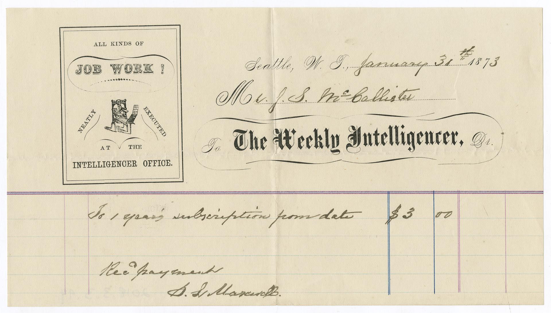Image of Subscription receipt for Weekly Intelligencer, January 30, 1873