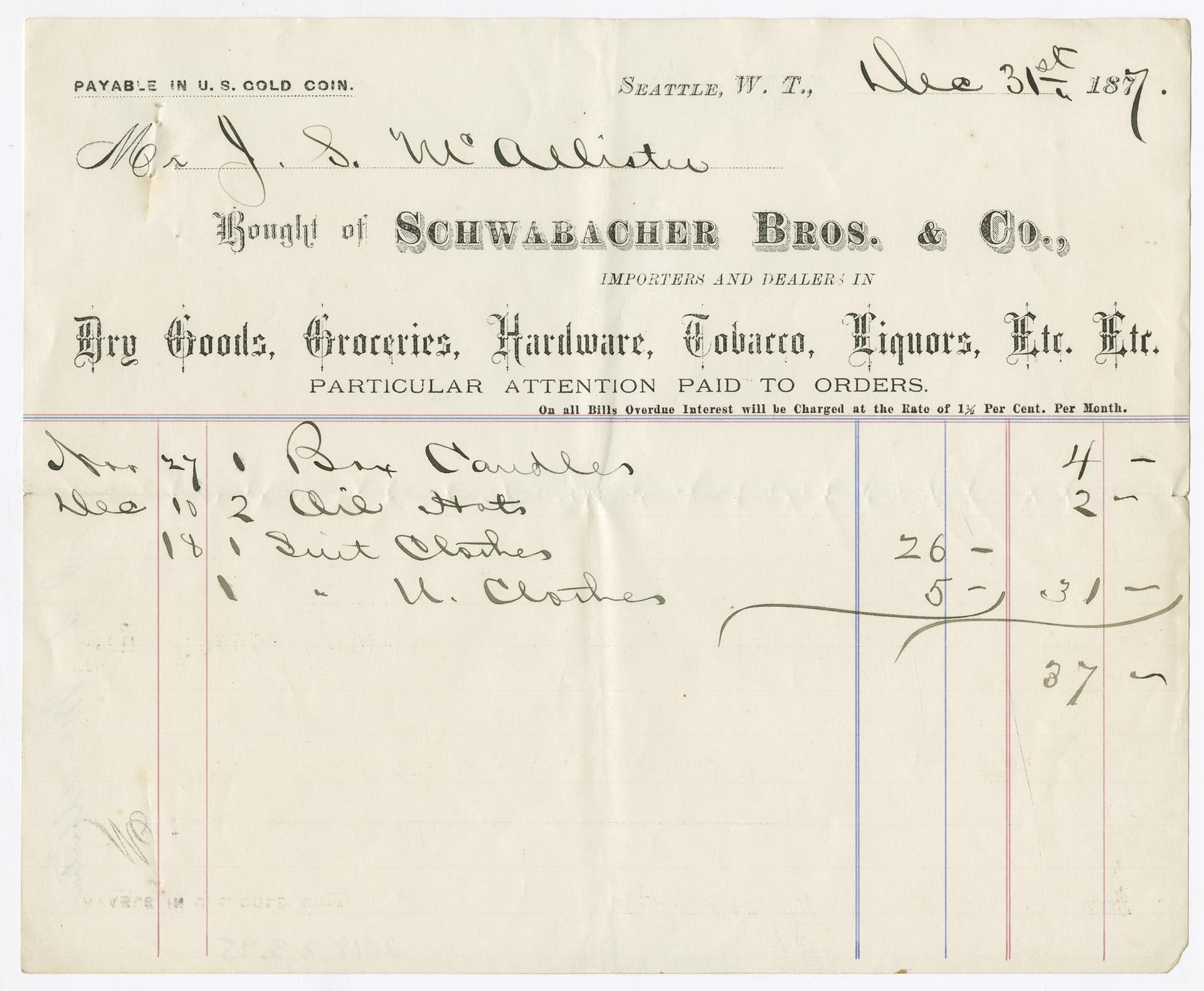 Image of Schwabacher Bros. & Co. receipt, December 31, 1877