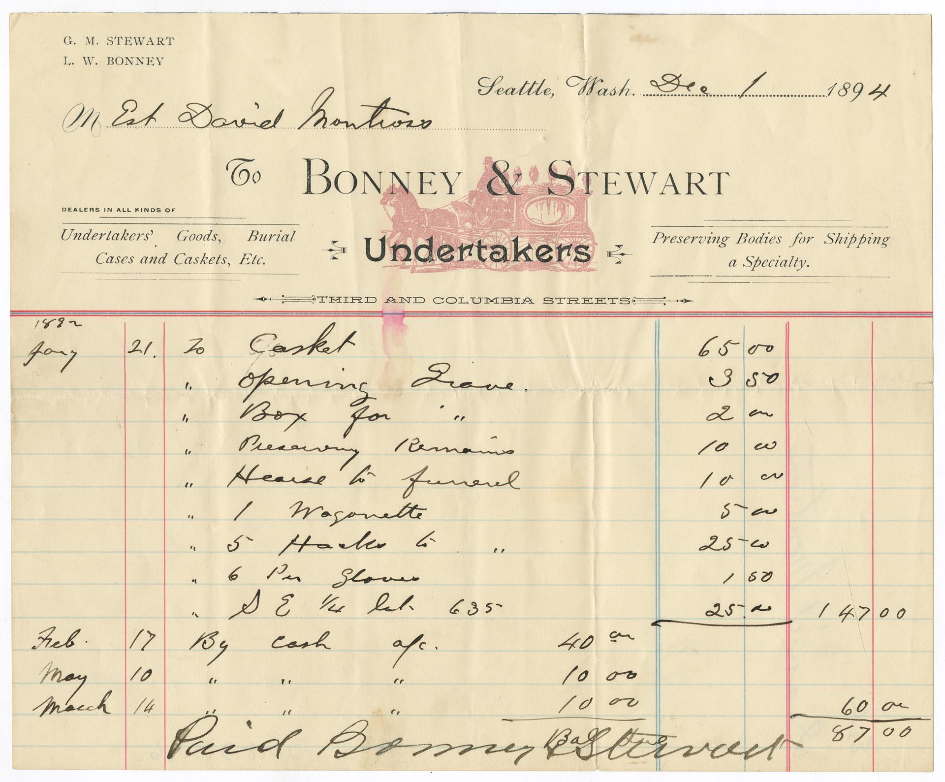 Image of Bonney & Stewart Undertakers bill, 1894