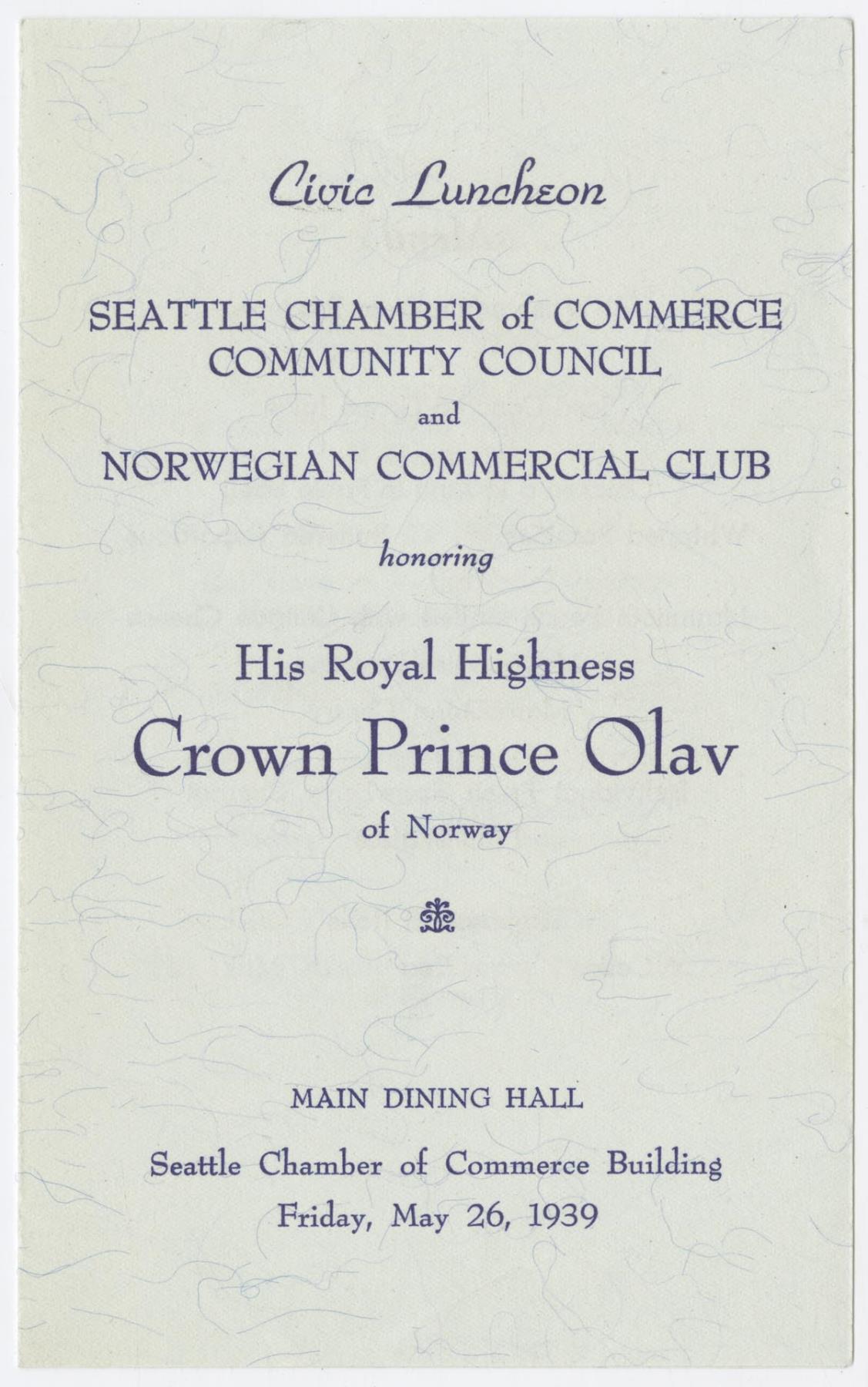 Image of Luncheon program for Crown Prince Olav's visit, 1939