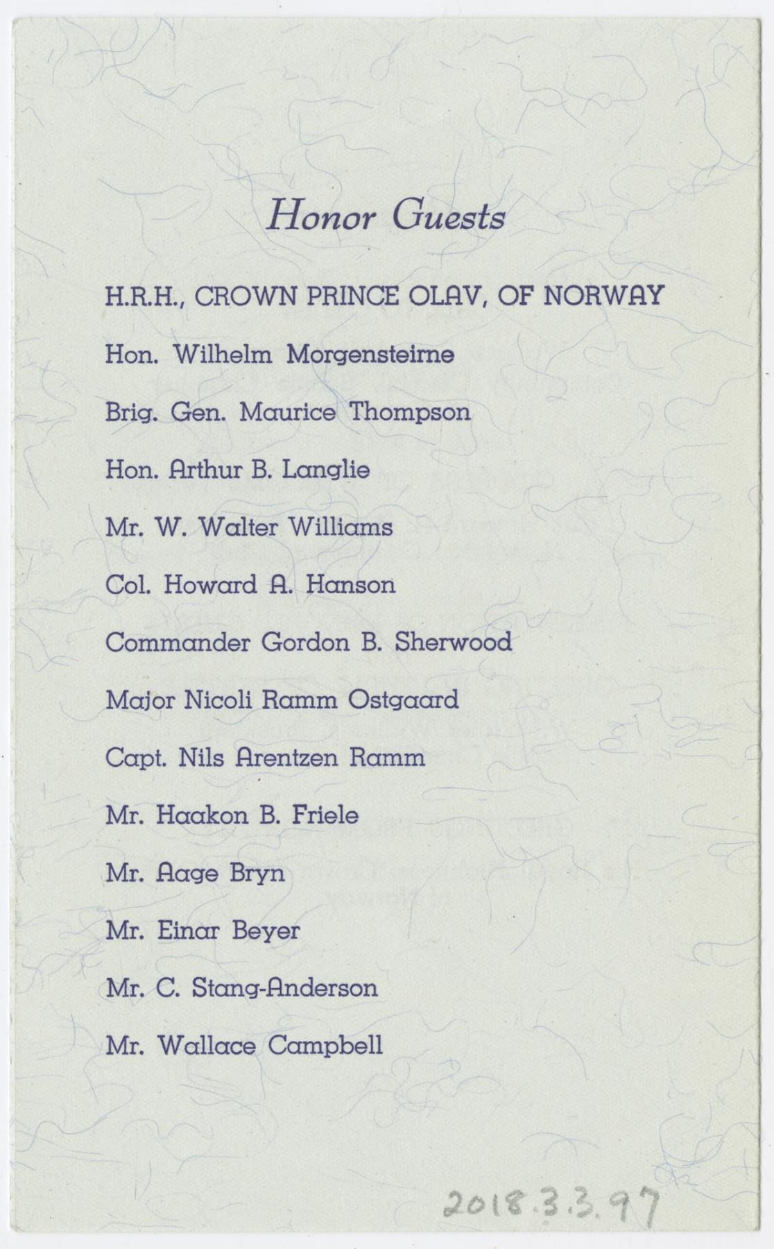 Image of Luncheon program for Crown Prince Olav's visit, 1939