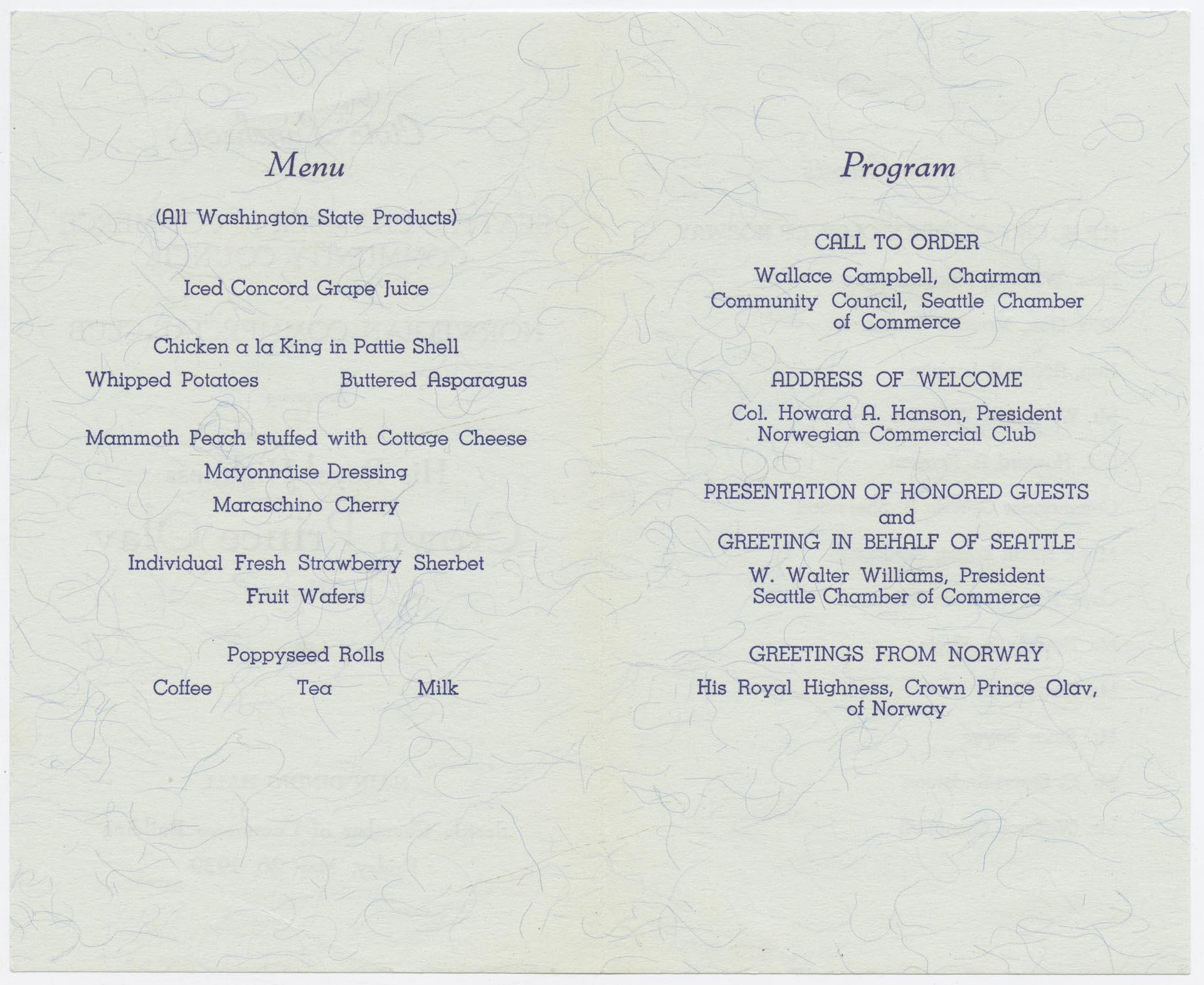 Image of Luncheon program for Crown Prince Olav's visit, 1939