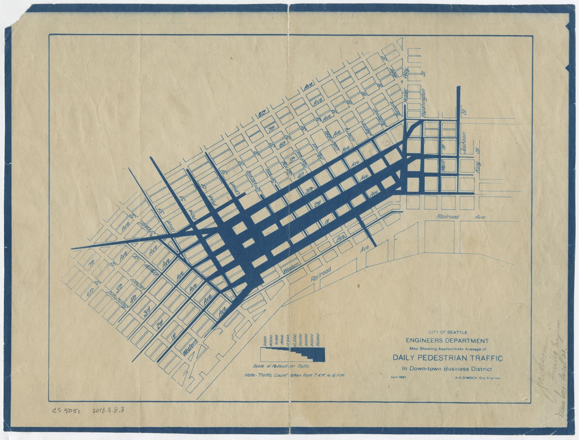 Image of Daily pedestrian traffic map, Seattle, April 1921