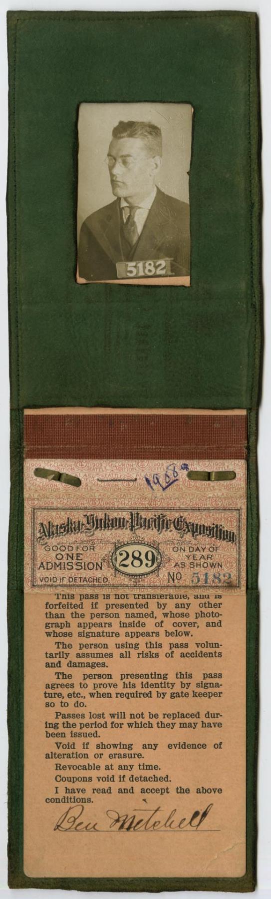 Image of AYPE monthly pass in a handmade holder, Seattle, 1909