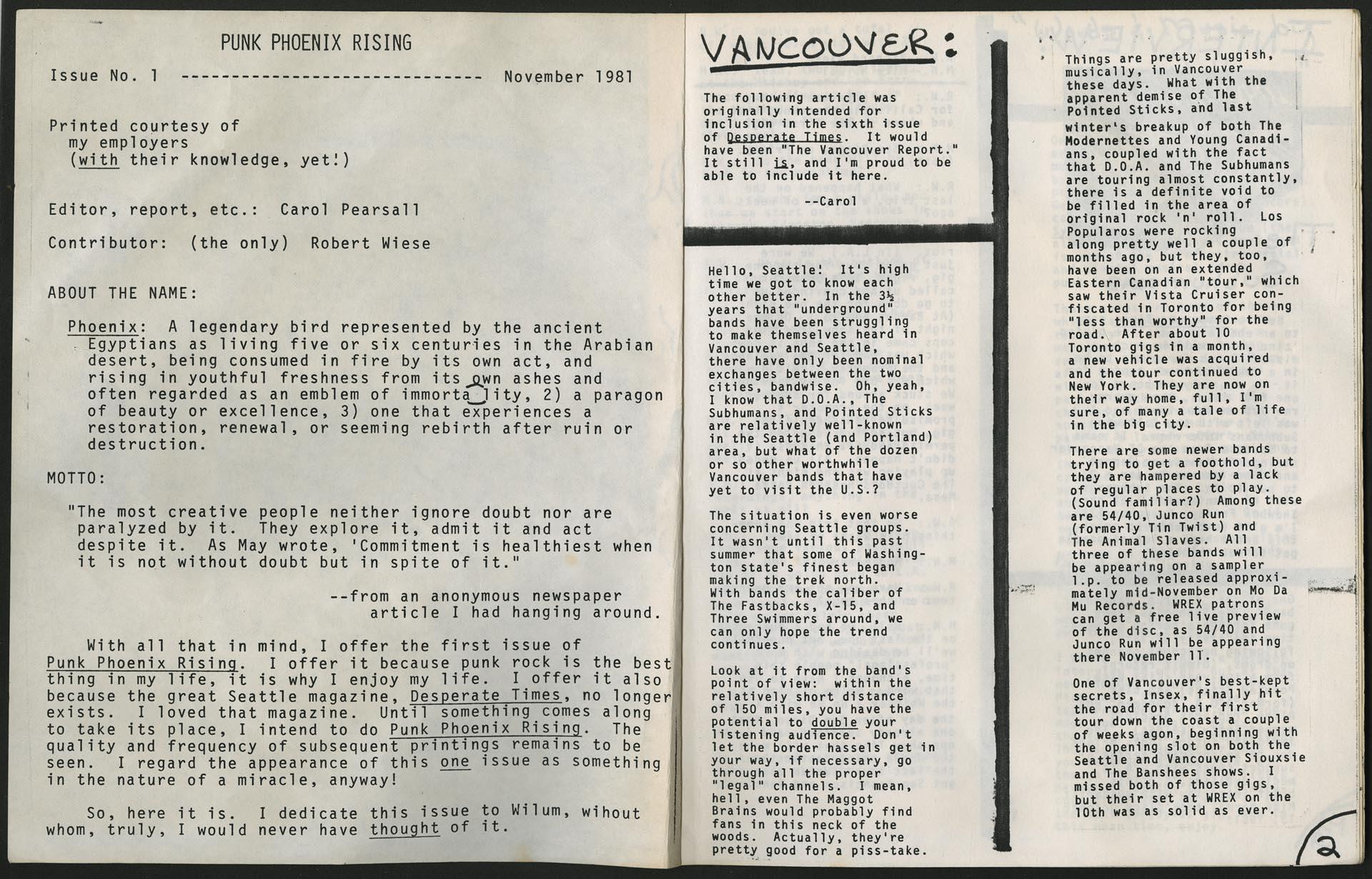 Image of Punk Phoenix Rising fanzine, November 1981