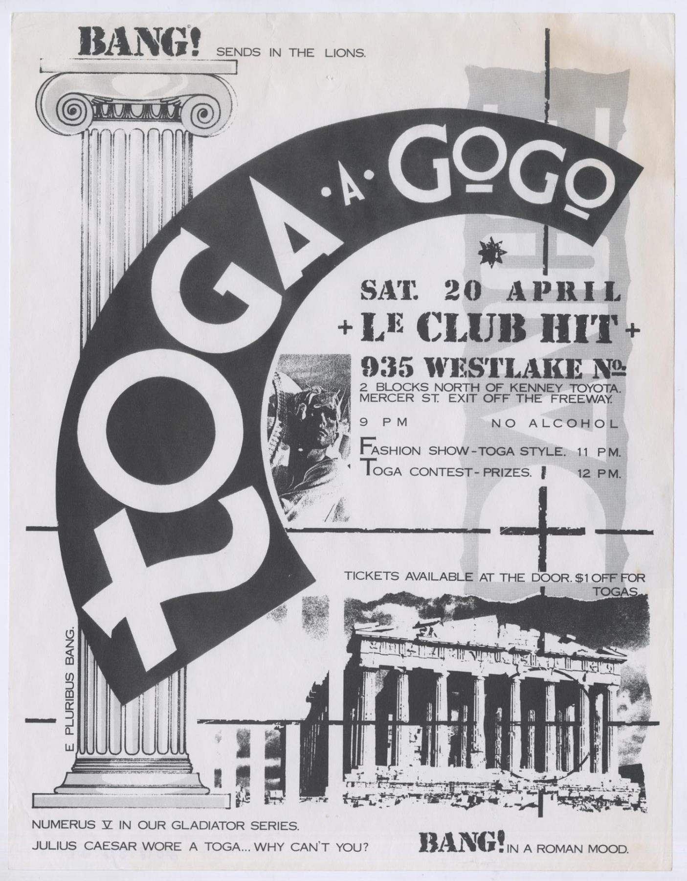 Image of Bang! Toga-a-Gogo party concert poster, April 20, 1985