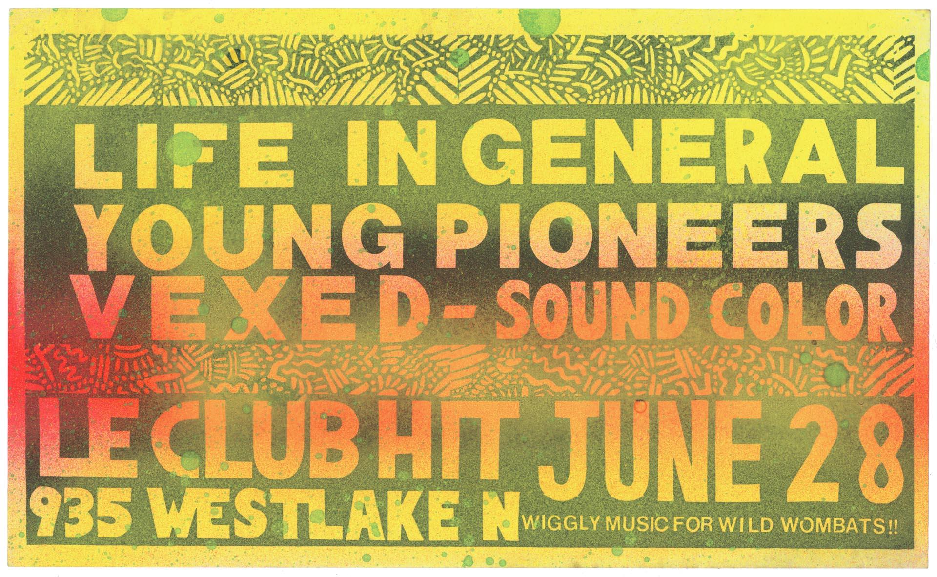 Image of Life in General, Young Pioneers, Vexed, and Sound Color concert poster, June 28, 1985