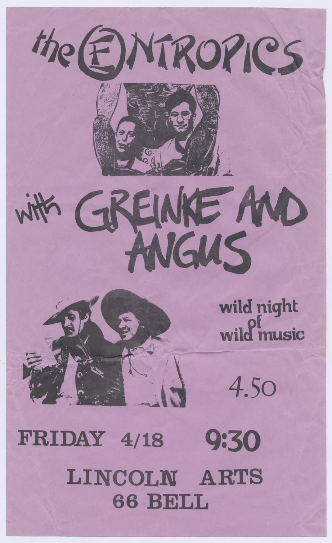 Image of Entropics with Greinke and Angus concert poster, April 18, 1986