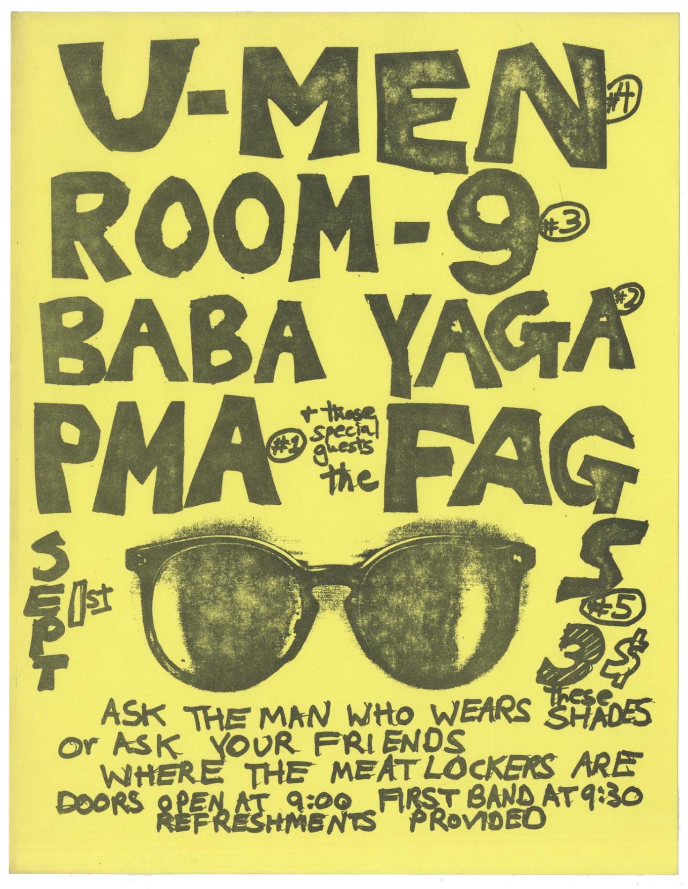 Image of U-Men, Room-9, Baba Yaga, PMA, and The Fag concert poster, circa 1984