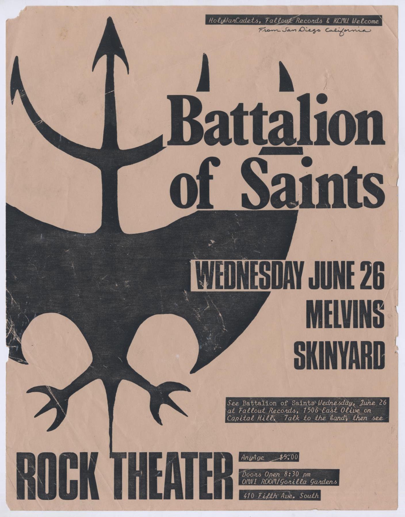 Image of Battalion of Saints, Melvins, and Skin Yard concert poster, June 26, 1985