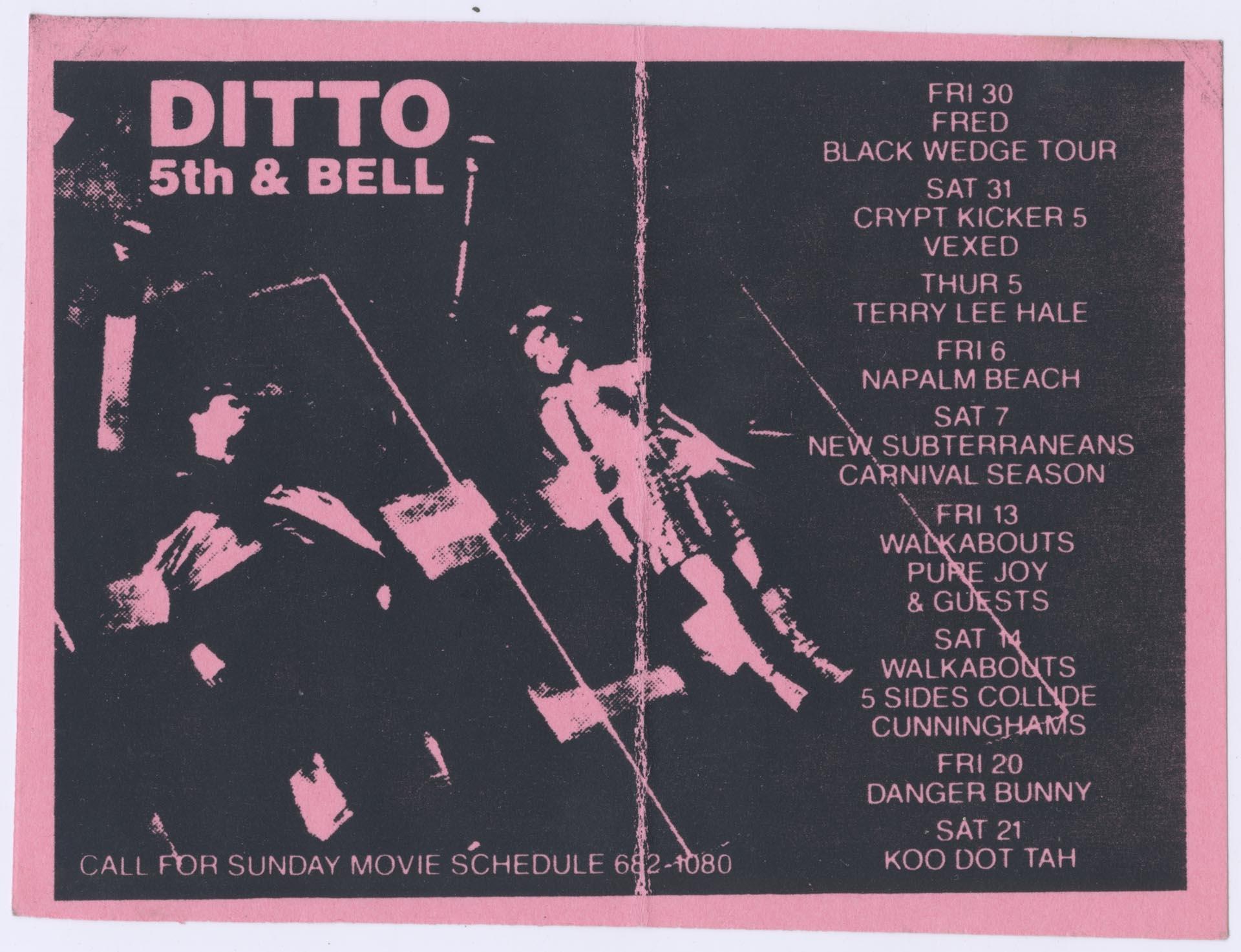 Image of Ditto Tavern concert schedule, circa 1987