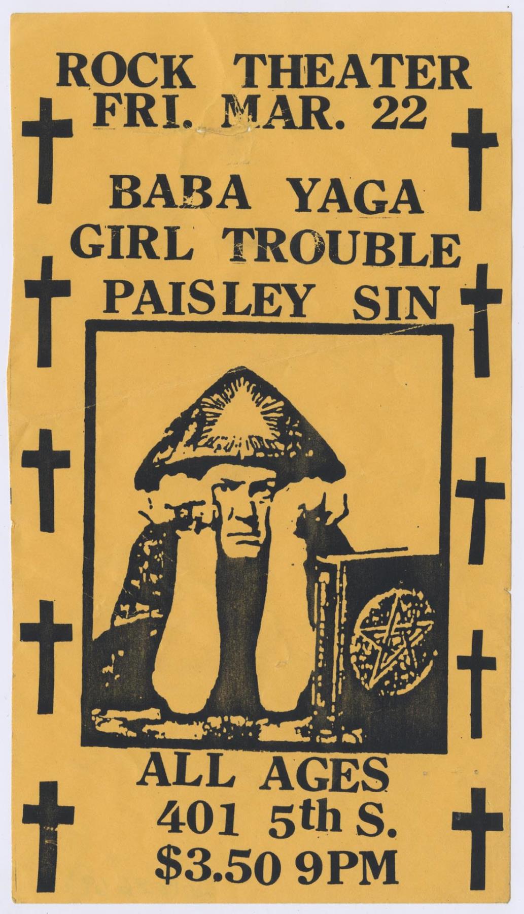 Image of Baba Yaga, Girl Trouble, and Paisley Sin concert poster, March 22, 1985