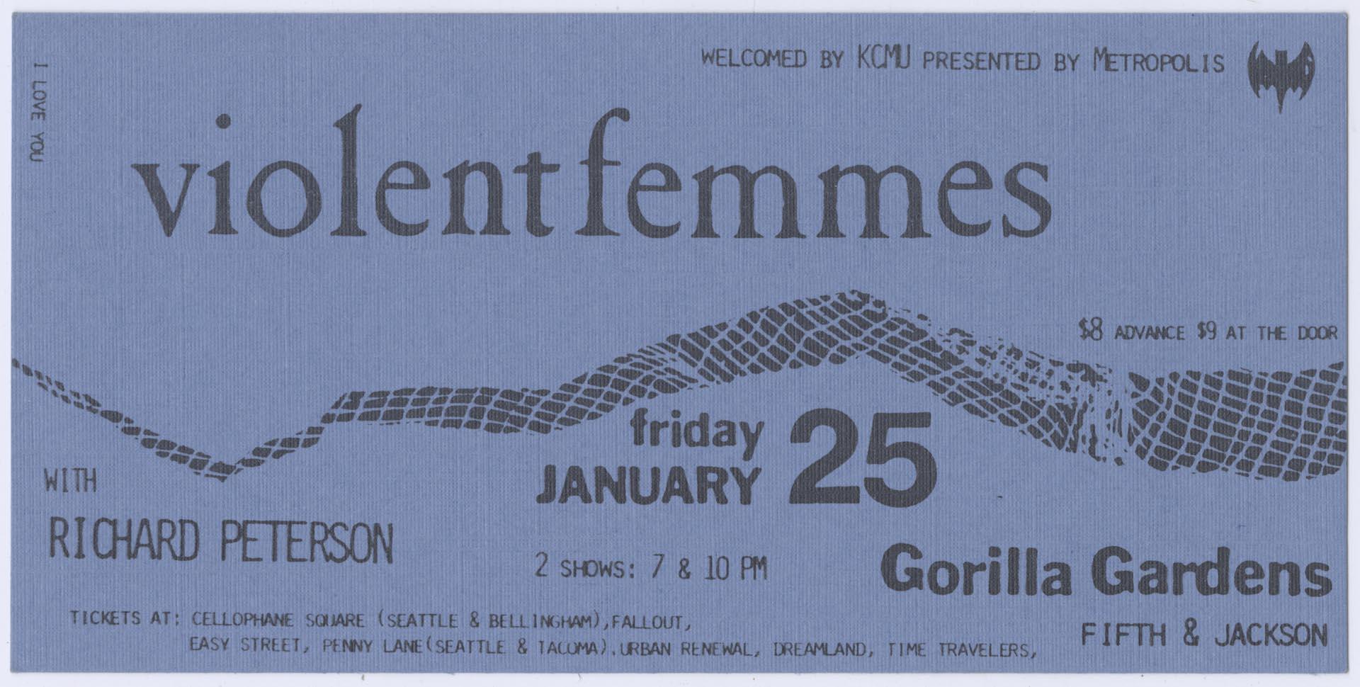 Image of Violent Femmes concert ticket, January 25, 1985