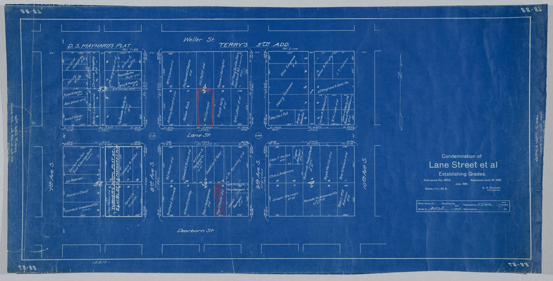 Image of Condemnation of Lane Street et al Establishing Grades map, Seattle, July 1916
