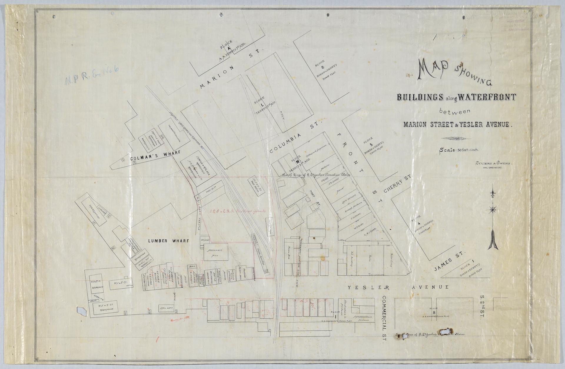 Image of Map Showing Buildings Along Waterfront Between Marion Street & Yesler Avenue, Seattle, circa 1895