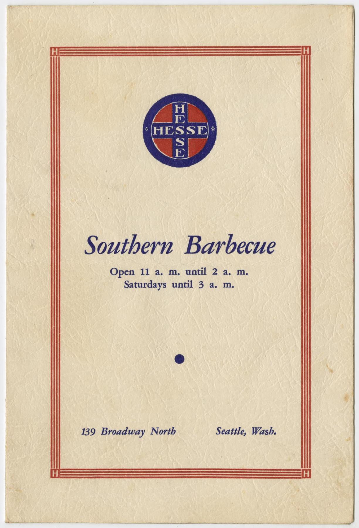 Image of Hesse's Southern Barbecue menu, circa 1940