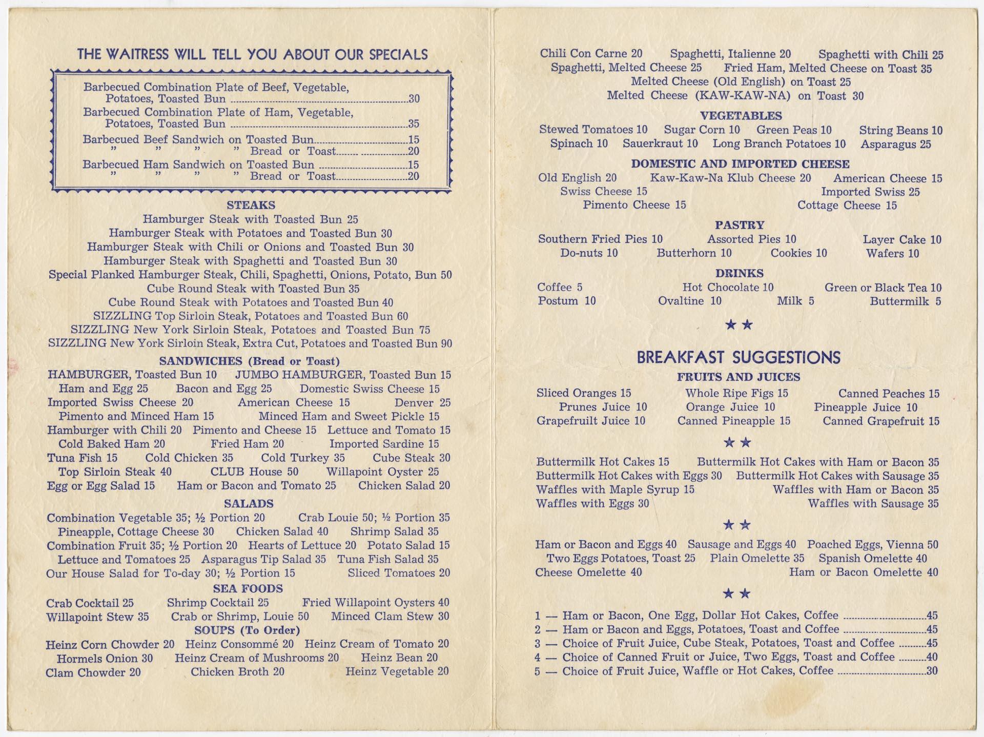 Image of Hesse's Southern Barbecue menu, circa 1940
