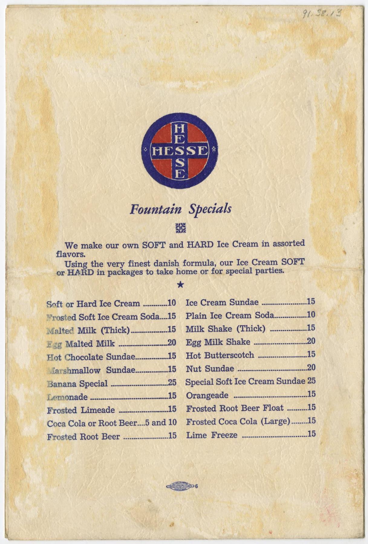 Image of Hesse's Southern Barbecue menu, circa 1940