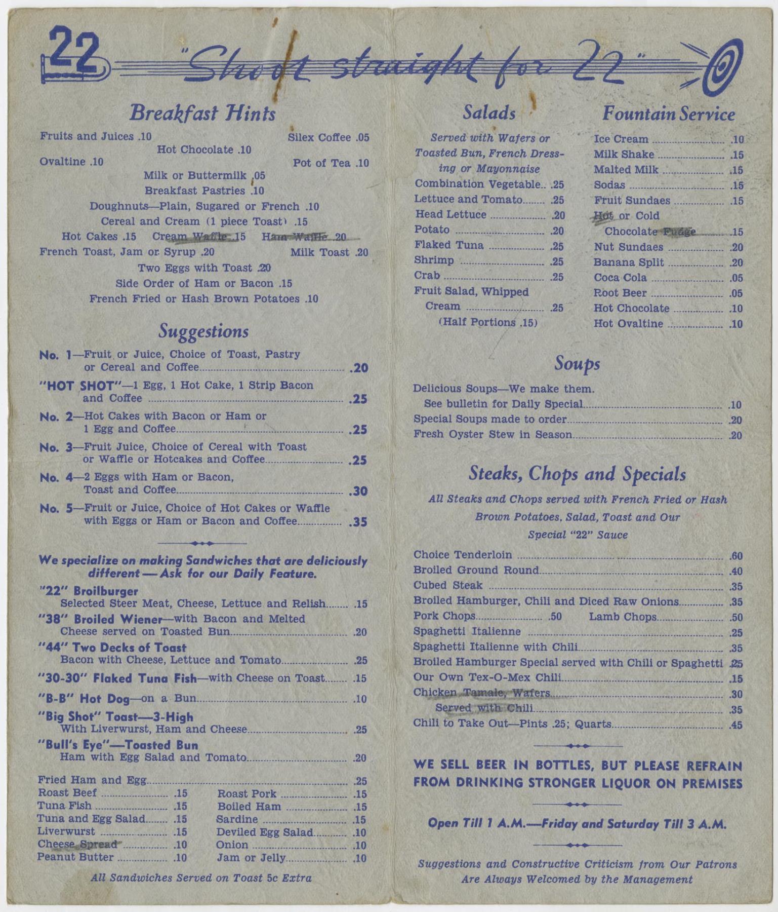 Image of 22 Mercer menu, circa 1945