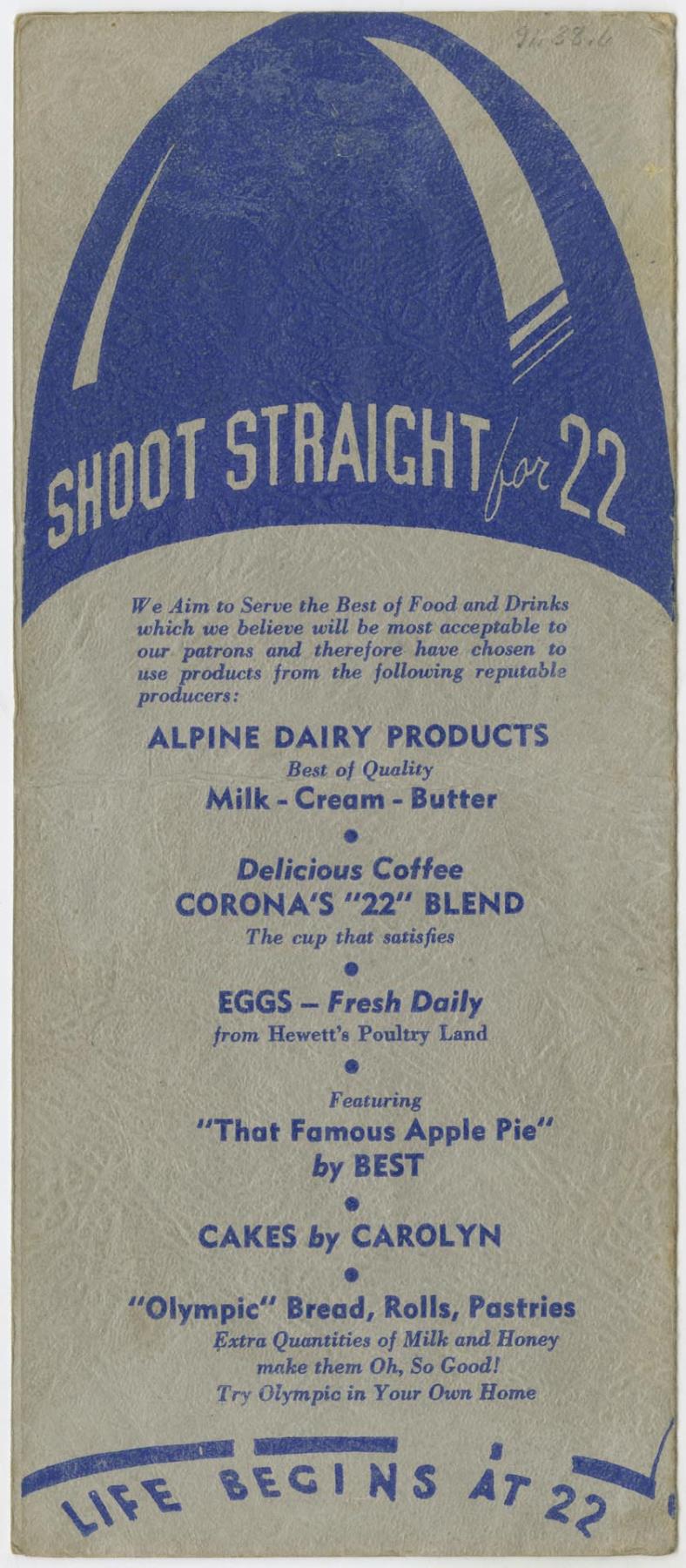Image of 22 Mercer menu, circa 1945