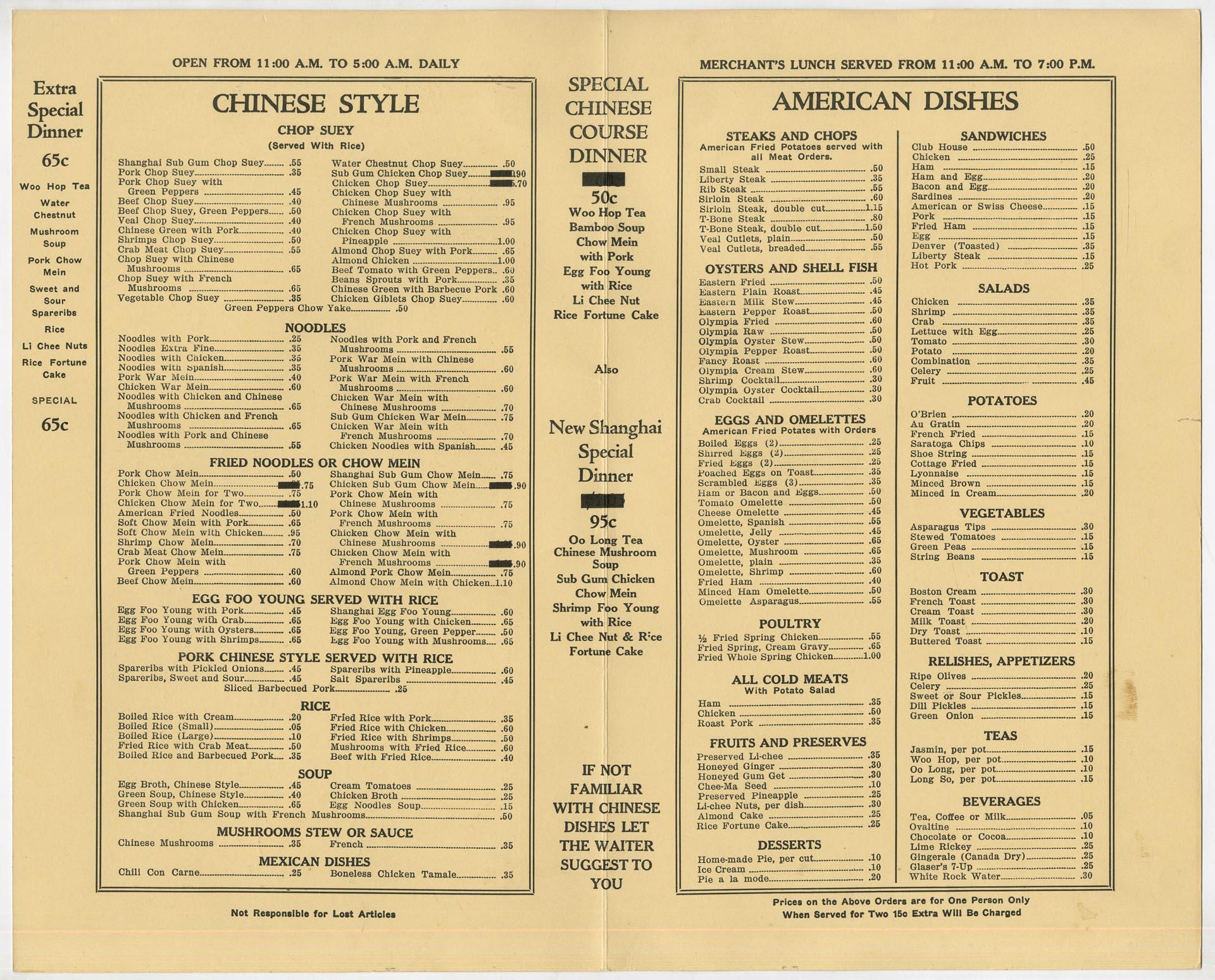 Image of Shanghai Restaurant menu, circa 1960
