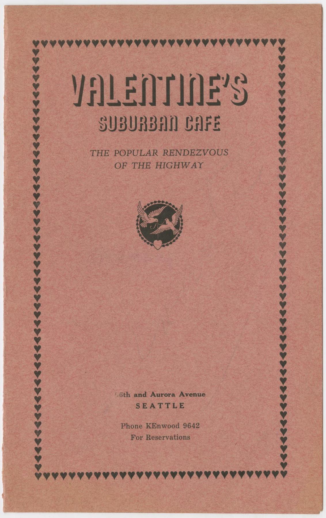 Image of Valentine's Suburban Café menu, circa 1944