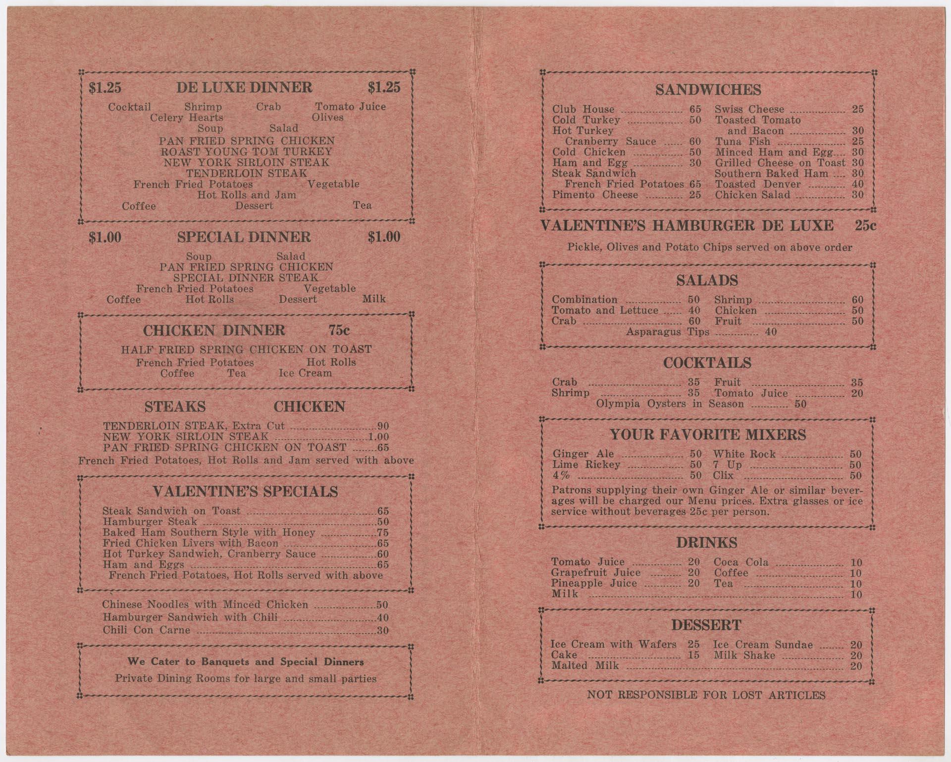 Image of Valentine's Suburban Café menu, circa 1944