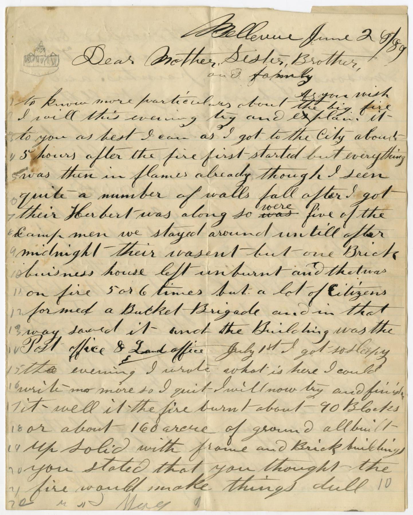 Image of Isaac and Isabelle Bechtel letter about Great Seattle Fire, June 24, 1889