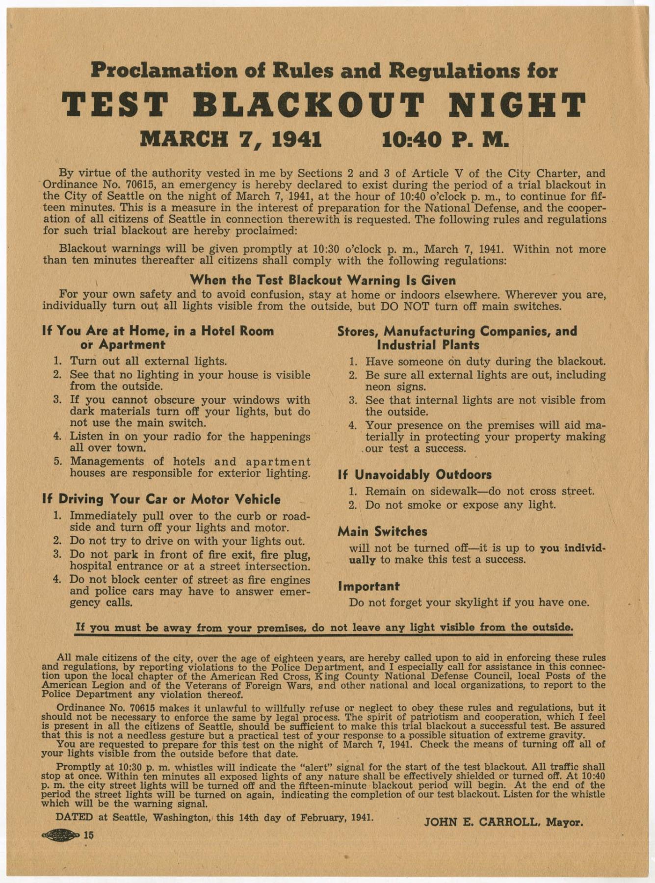 Image of Rules for Test Blackout Night, March 7, 1941