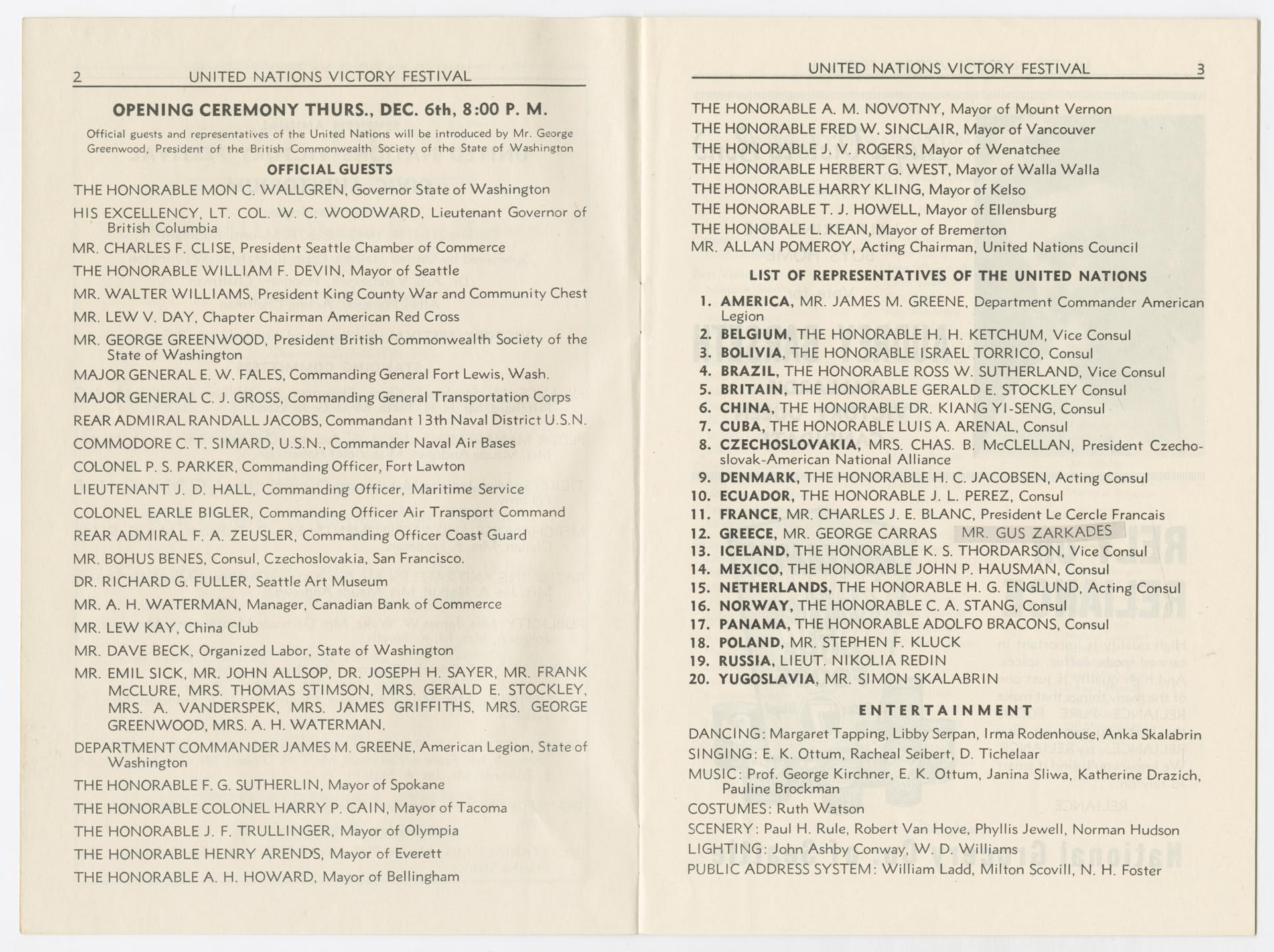 Image of Program for the United Nations Victory Festival, Seattle, December1945