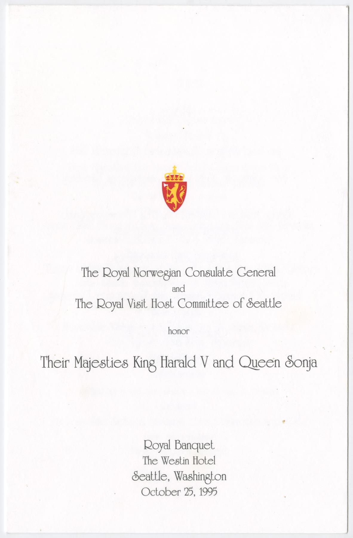 Image of Banquet program for King Harald V's visit, 1995