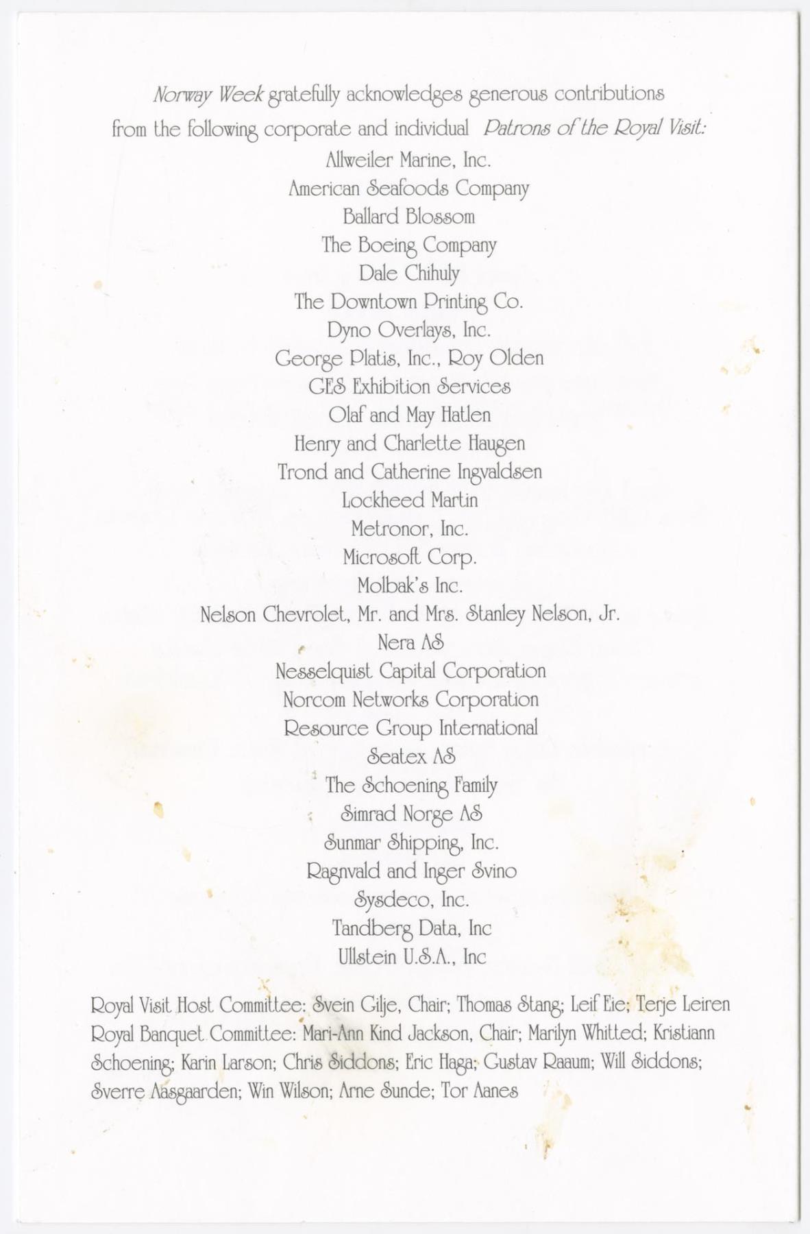 Image of Banquet program for King Harald V's visit, 1995
