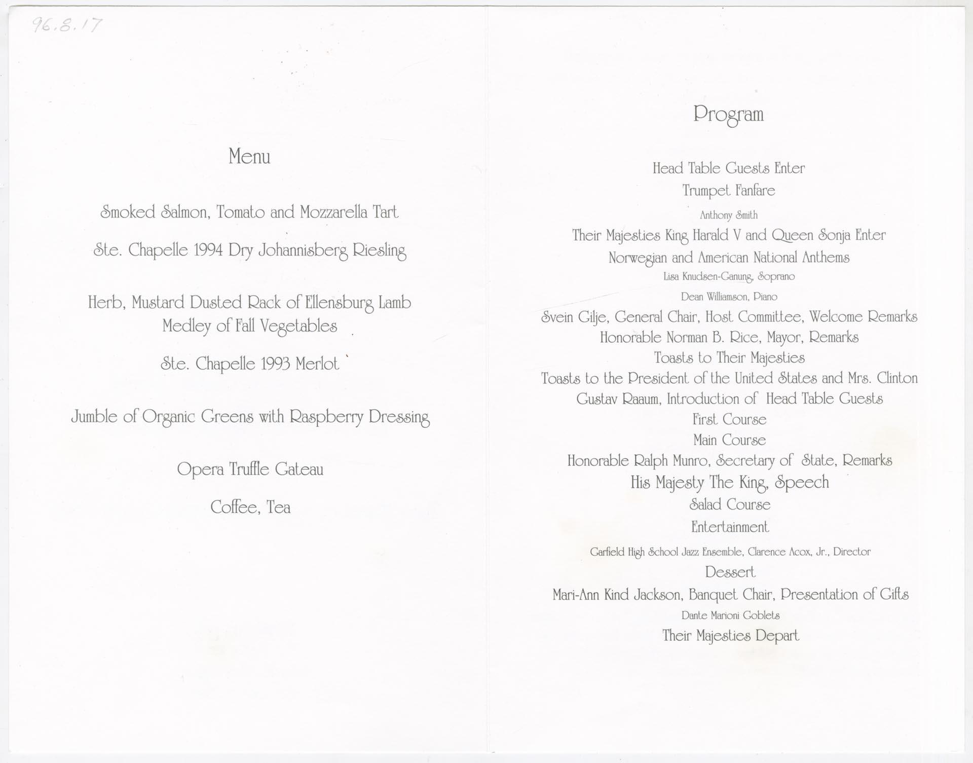 Image of Banquet program for King Harald V's visit, 1995