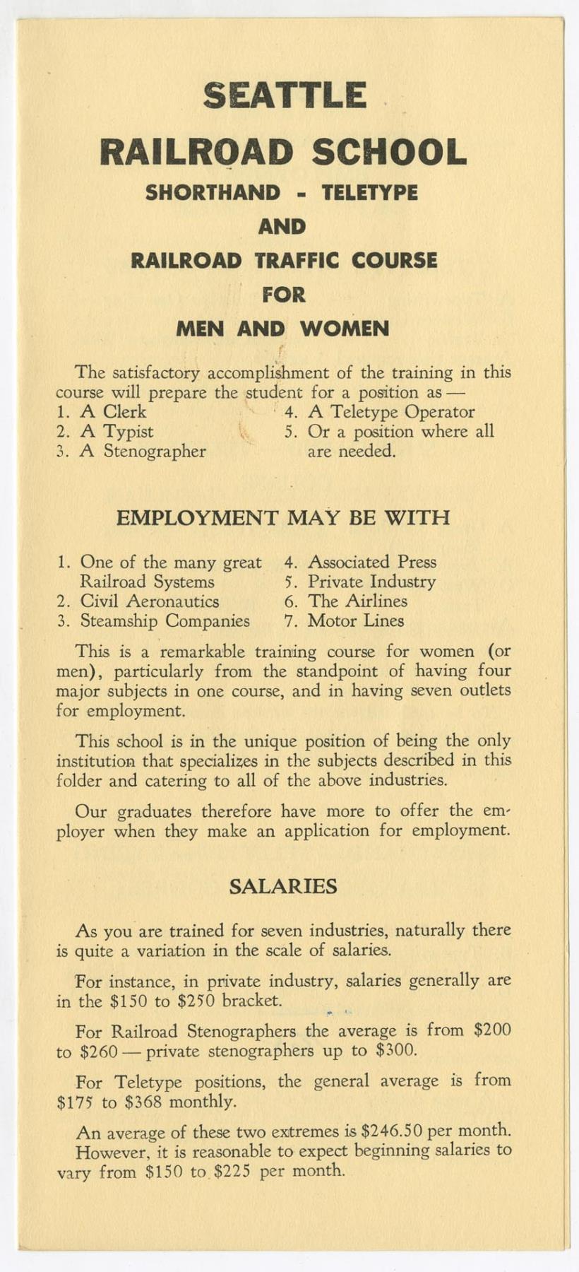 Image of Seattle Railroad School course schedule, circa 1950