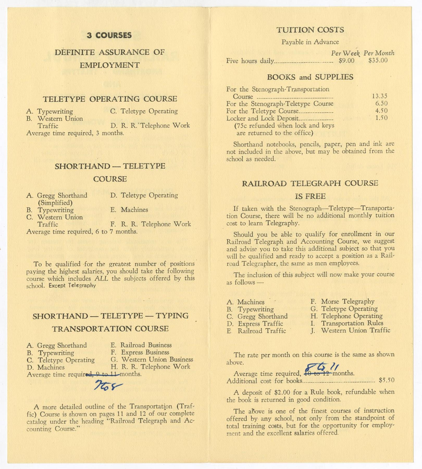 Image of Seattle Railroad School course schedule, circa 1950