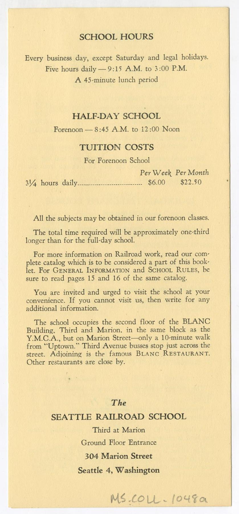 Image of Seattle Railroad School course schedule, circa 1950