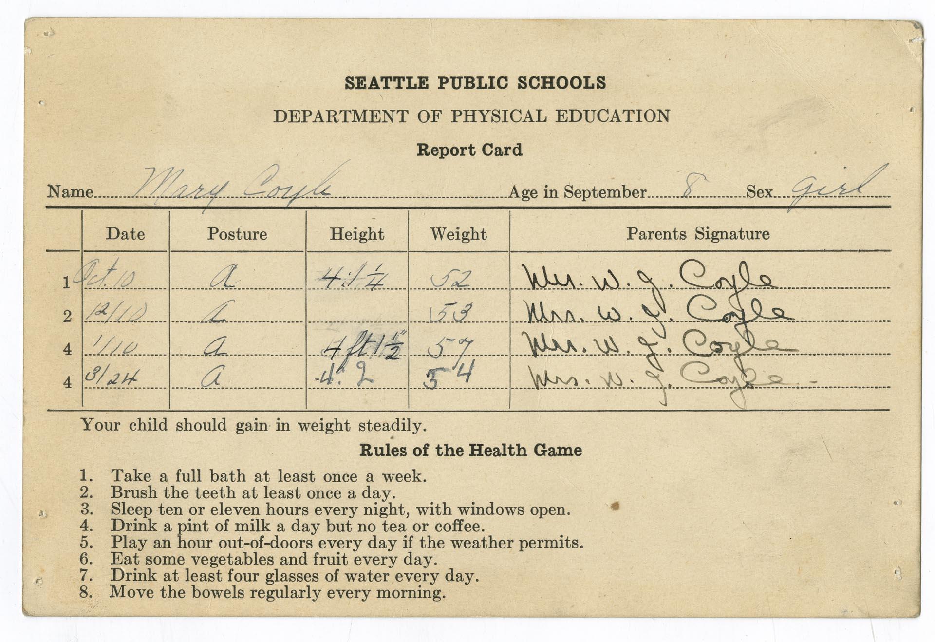 Image of Mary Coyle's PE report card, 1921-1922