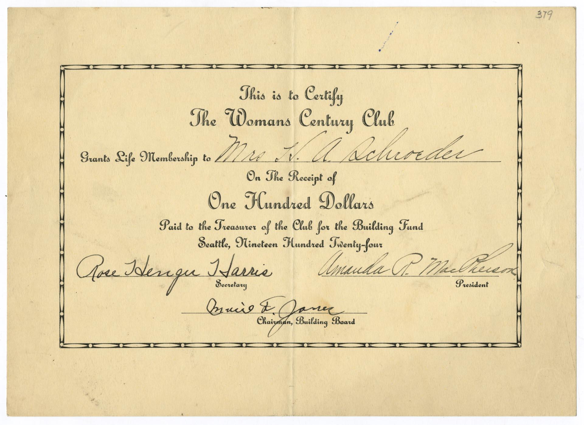 Image of Woman's Century Club membership certificate, 1924