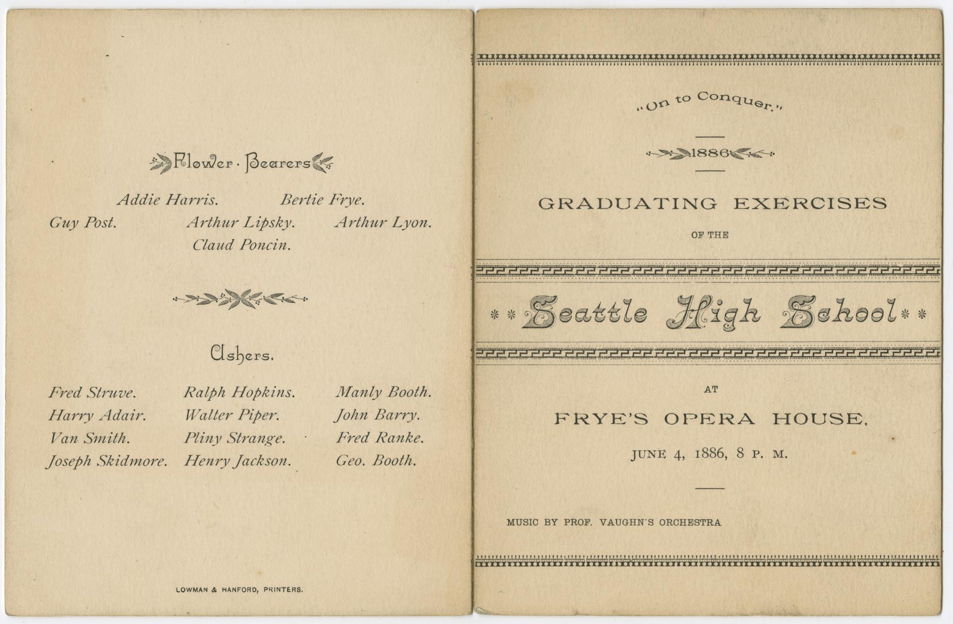 Image of Seattle High School graduation program, June 4, 1886