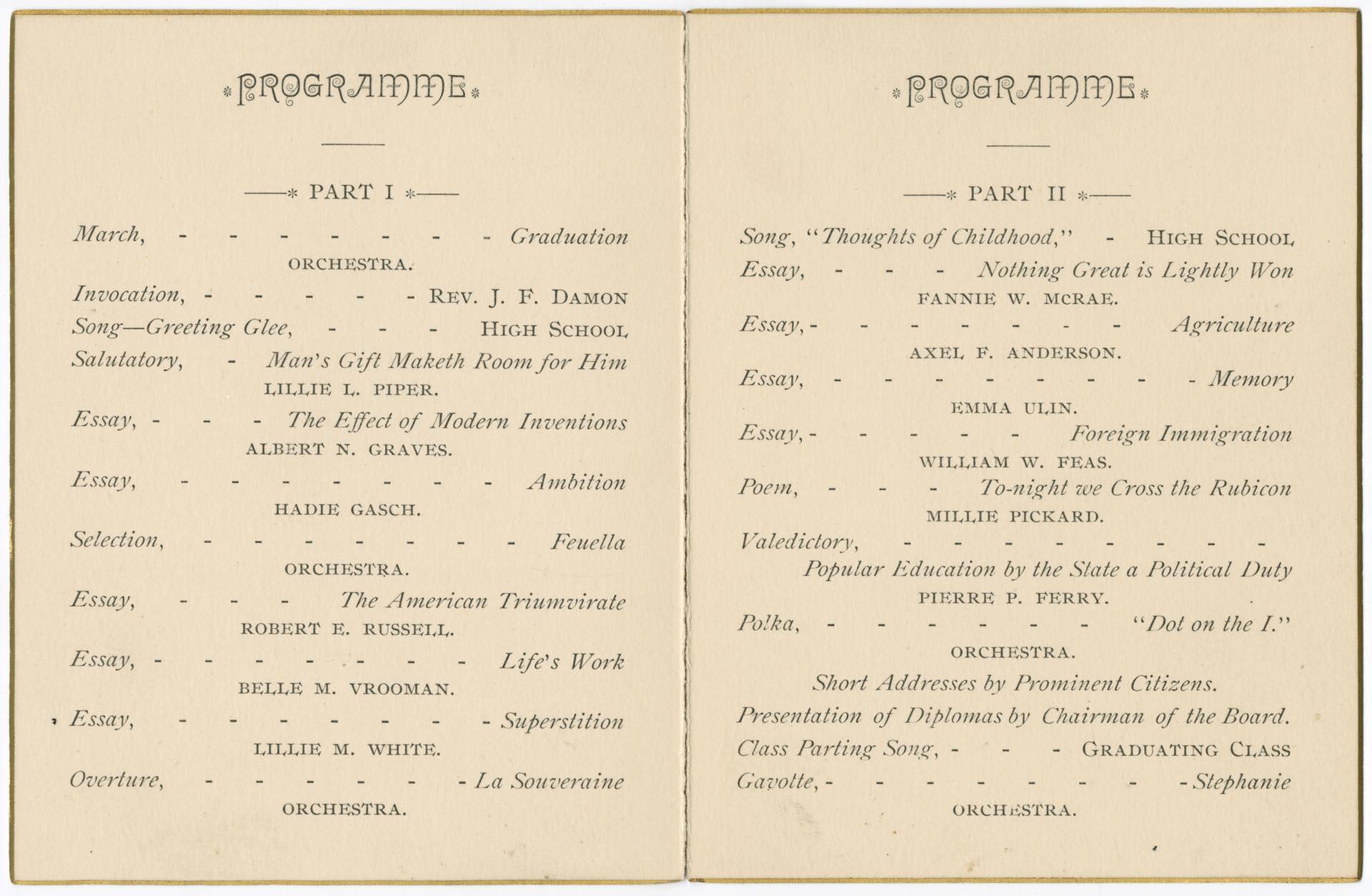 Image of Seattle High School graduation program, June 4, 1886
