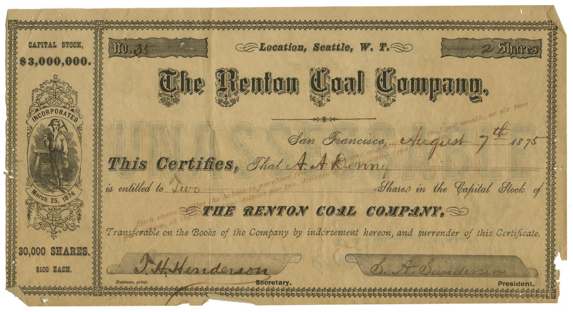 Image of Arthur Denny's Renton Coal Company stock certificate, August 7, 1875