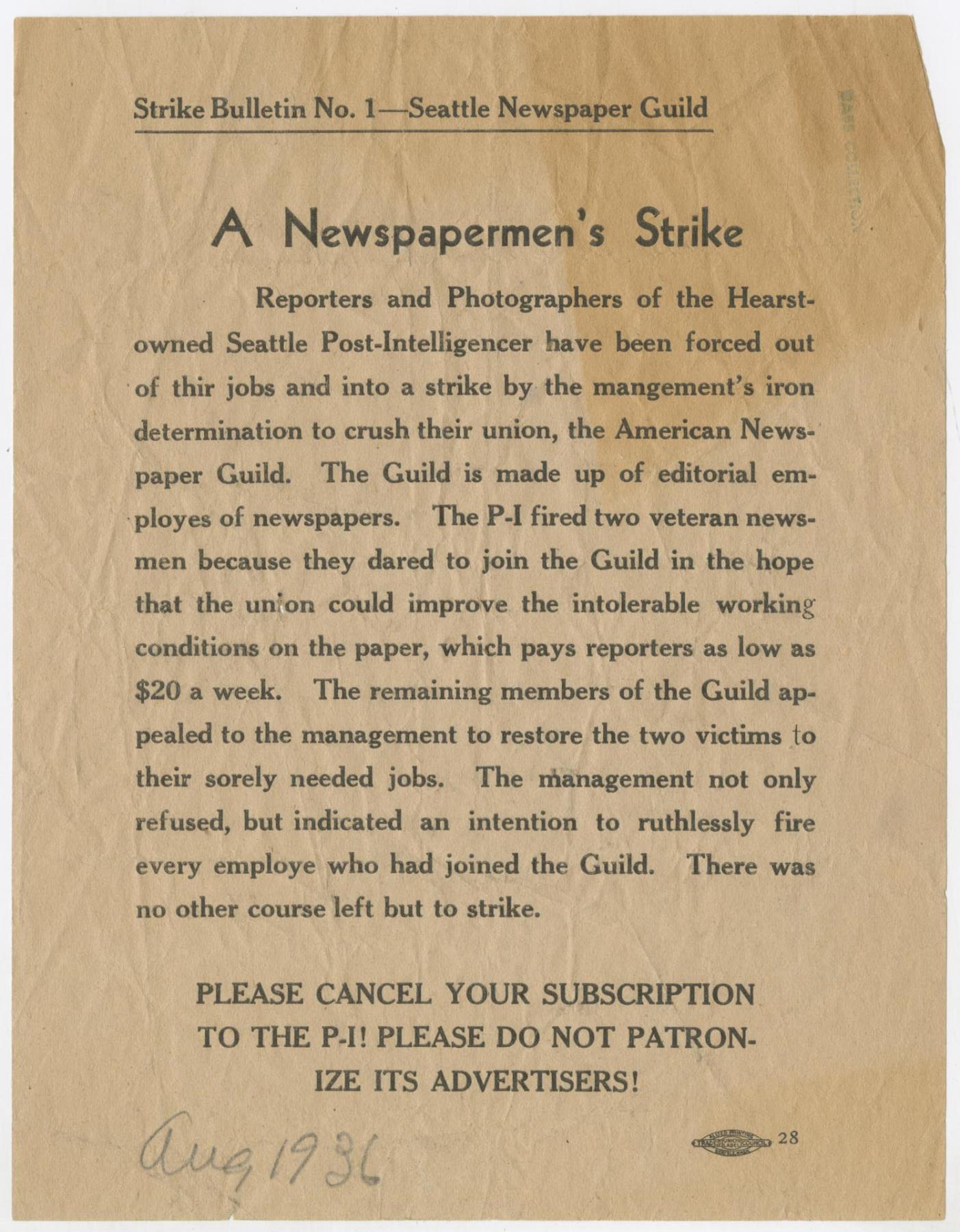 Image of Seattle Newspaper Guild Strike Bulletin No. 1, August 1936