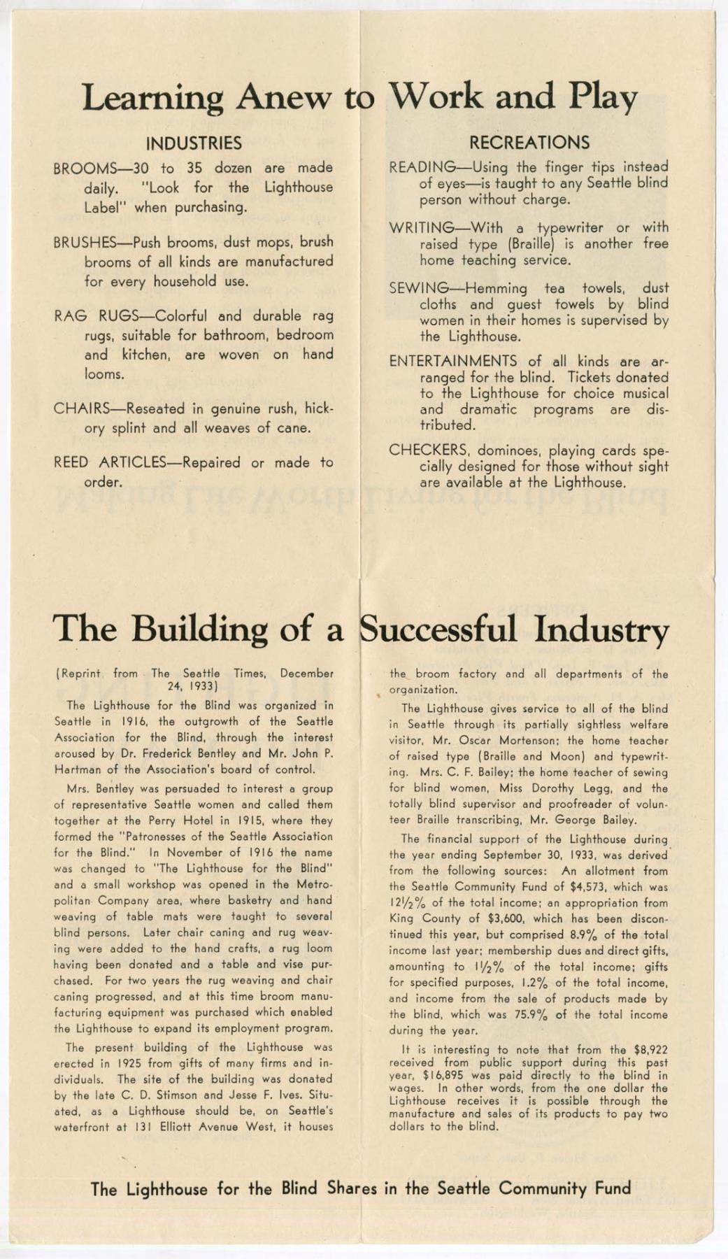 Image of Lighthouse for the Blind brochure, Seattle, circa 1935