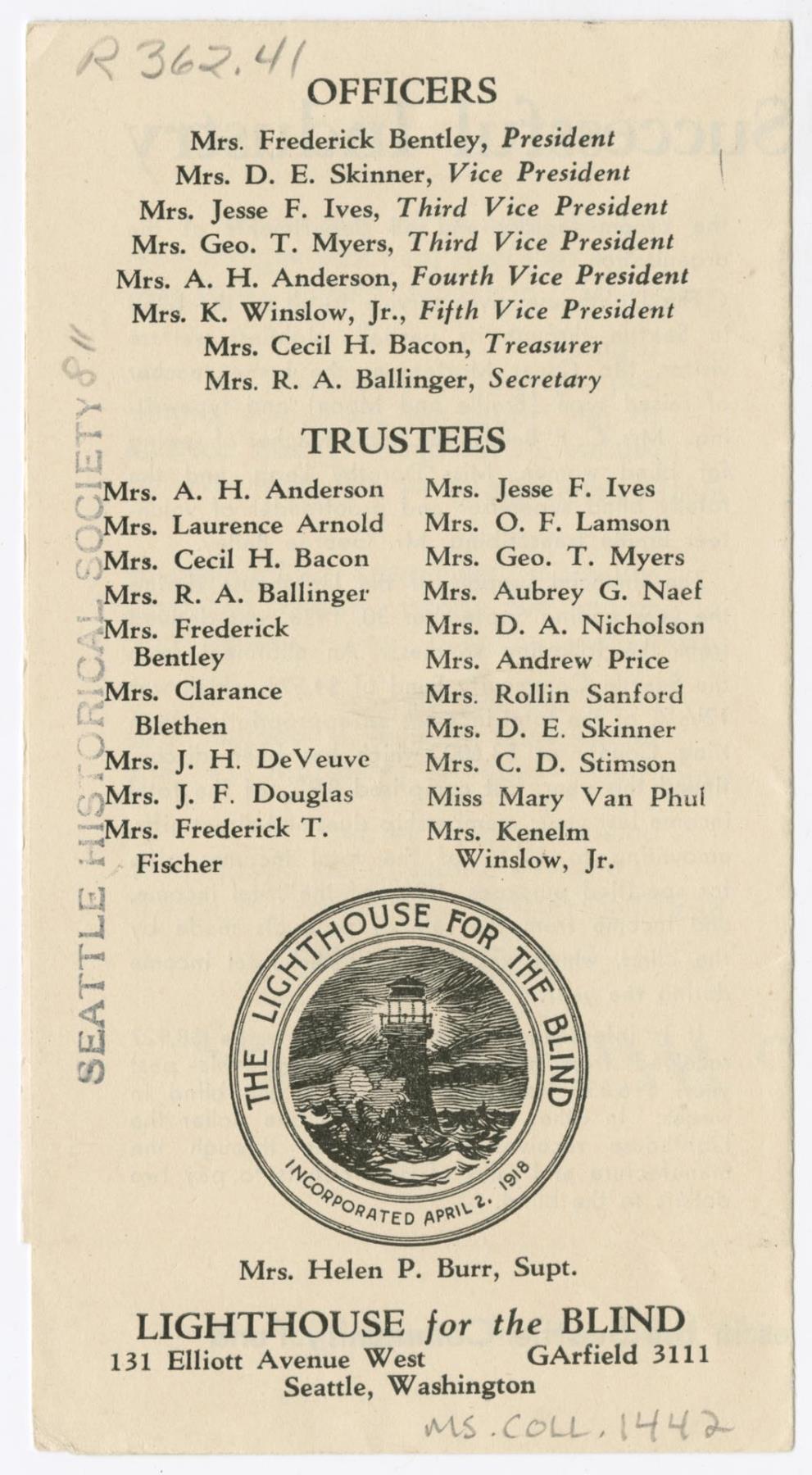 Image of Lighthouse for the Blind brochure, Seattle, circa 1935