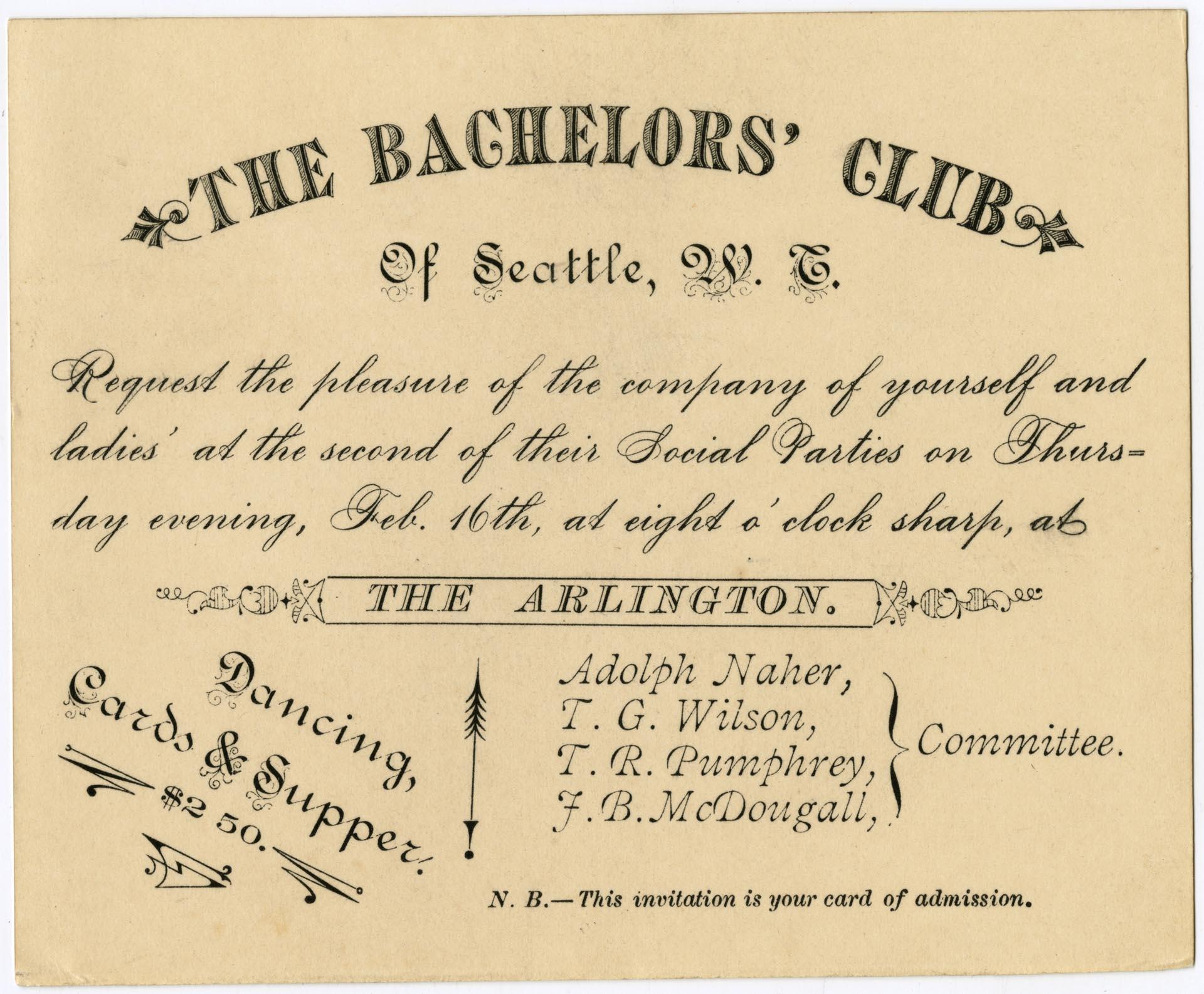 Image of The Bachelors' Club invitation, circa 1885